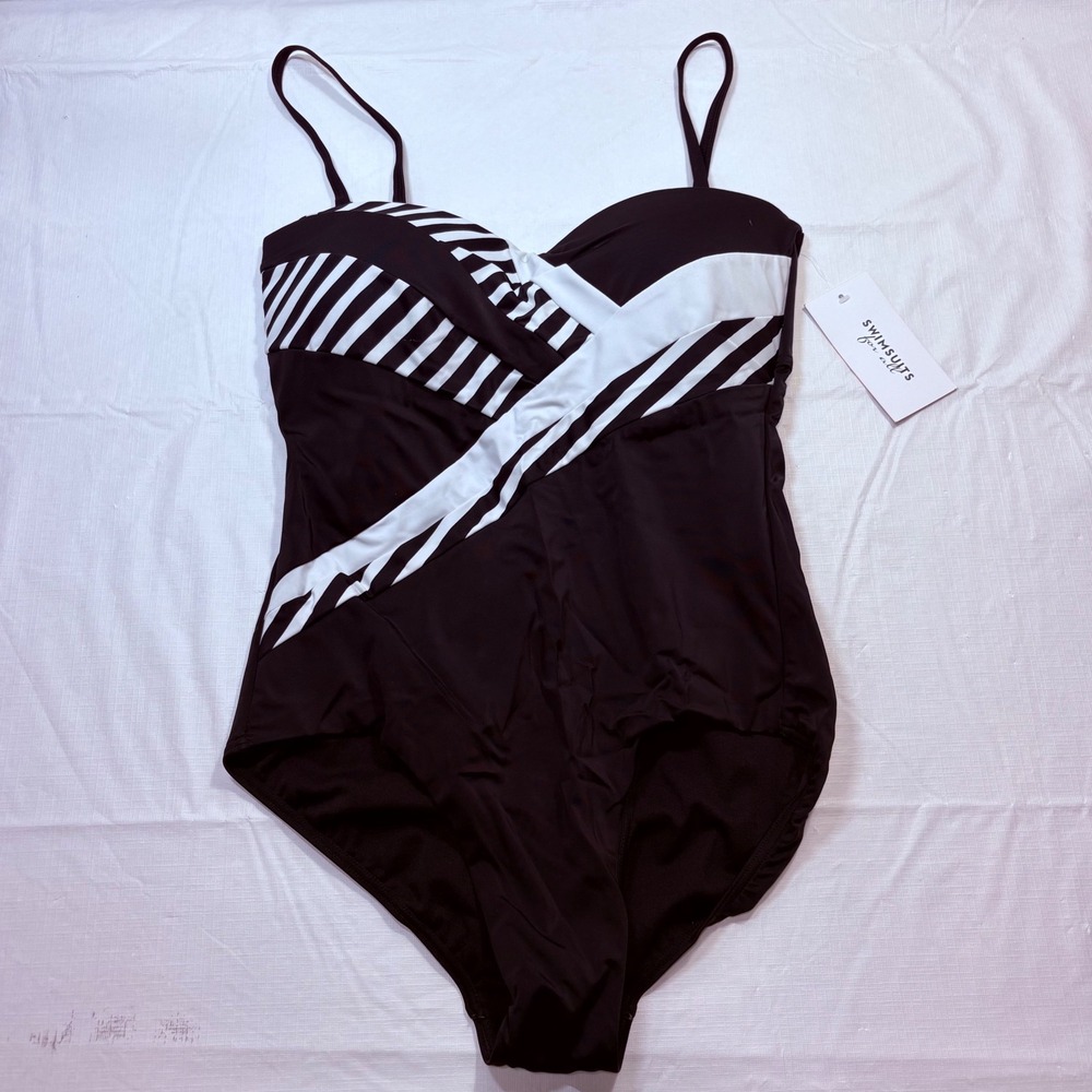 Swimsuits For All Womens Size 10‎ Black White Striped One Piece Swimsuit NWT